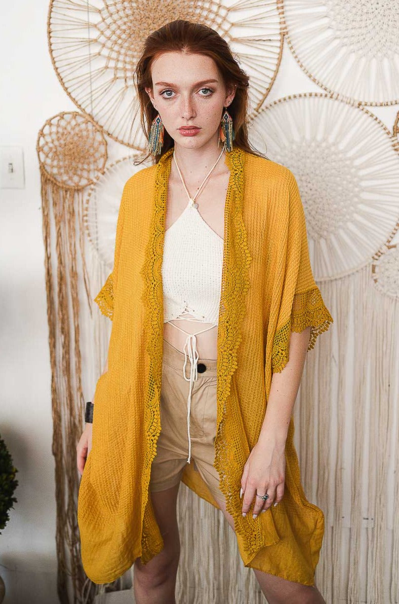 Sunshine Lace Trim Kimono Kimono Leto Collection Mustard  