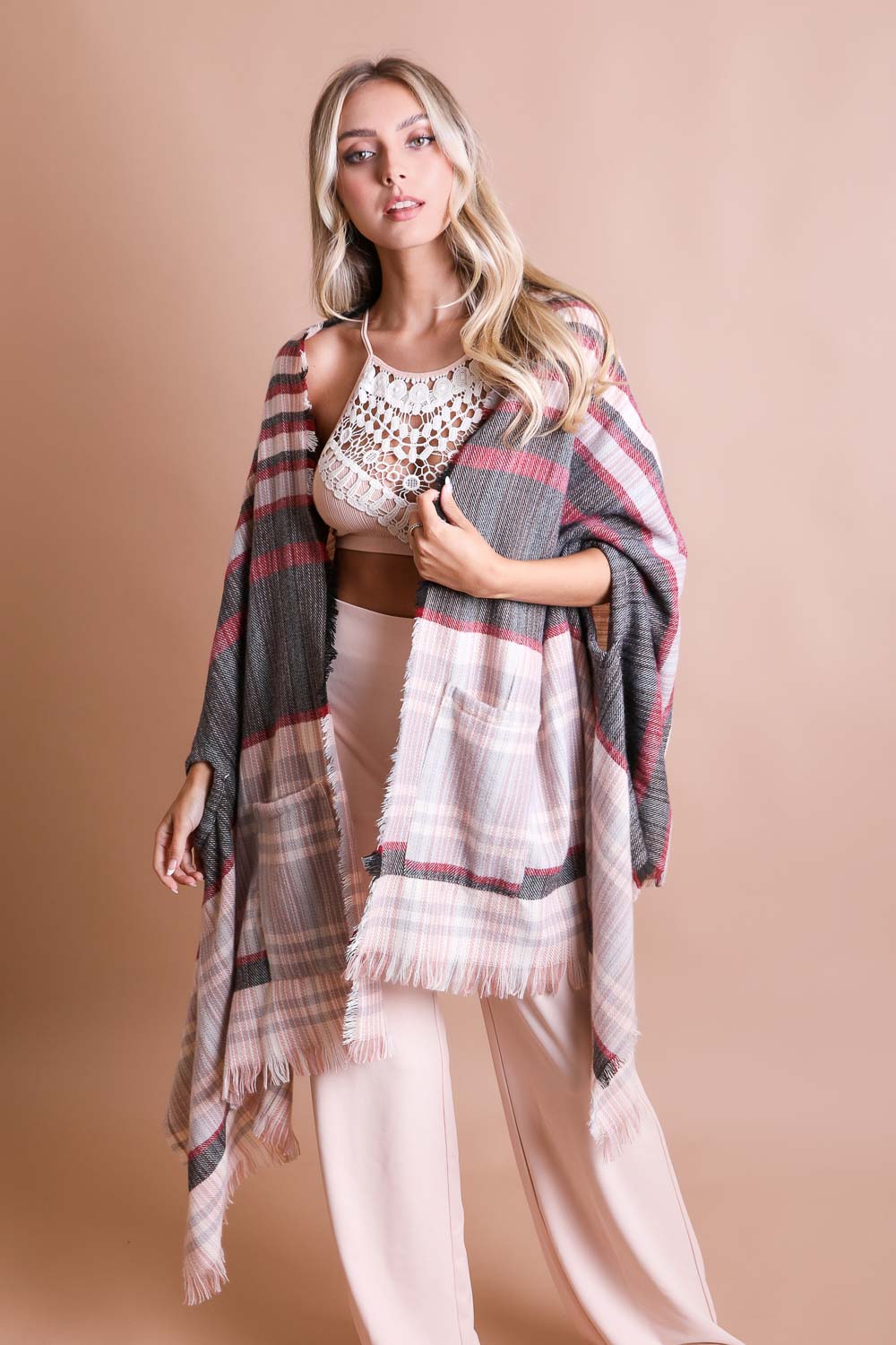 Tartan Check Pocket Ruana Ponchos Leto Collection   