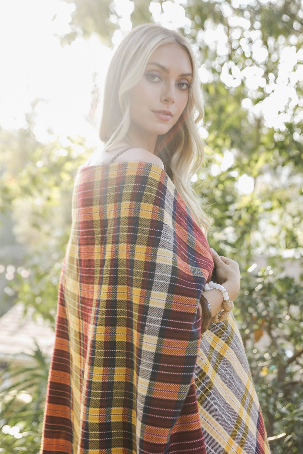 Tartan Check Pocket Ruana Ponchos Leto Collection Red Mustard  