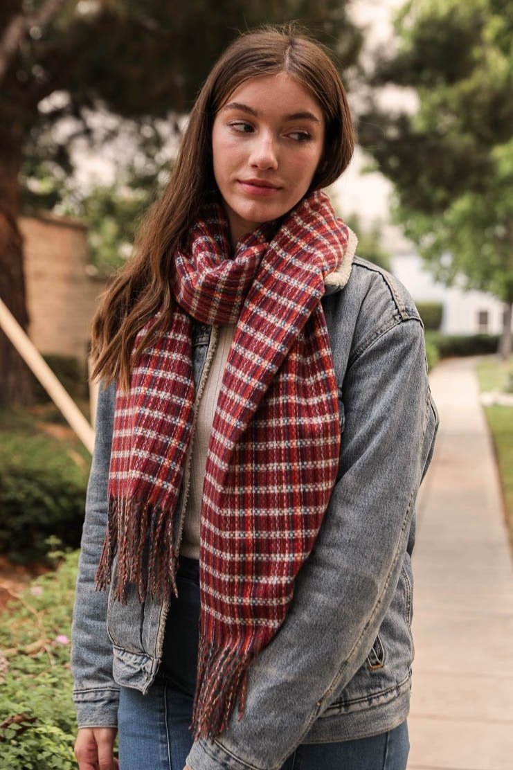 Tartan Woven Tassel Scarf Scarves Leto Collection Burgundy  