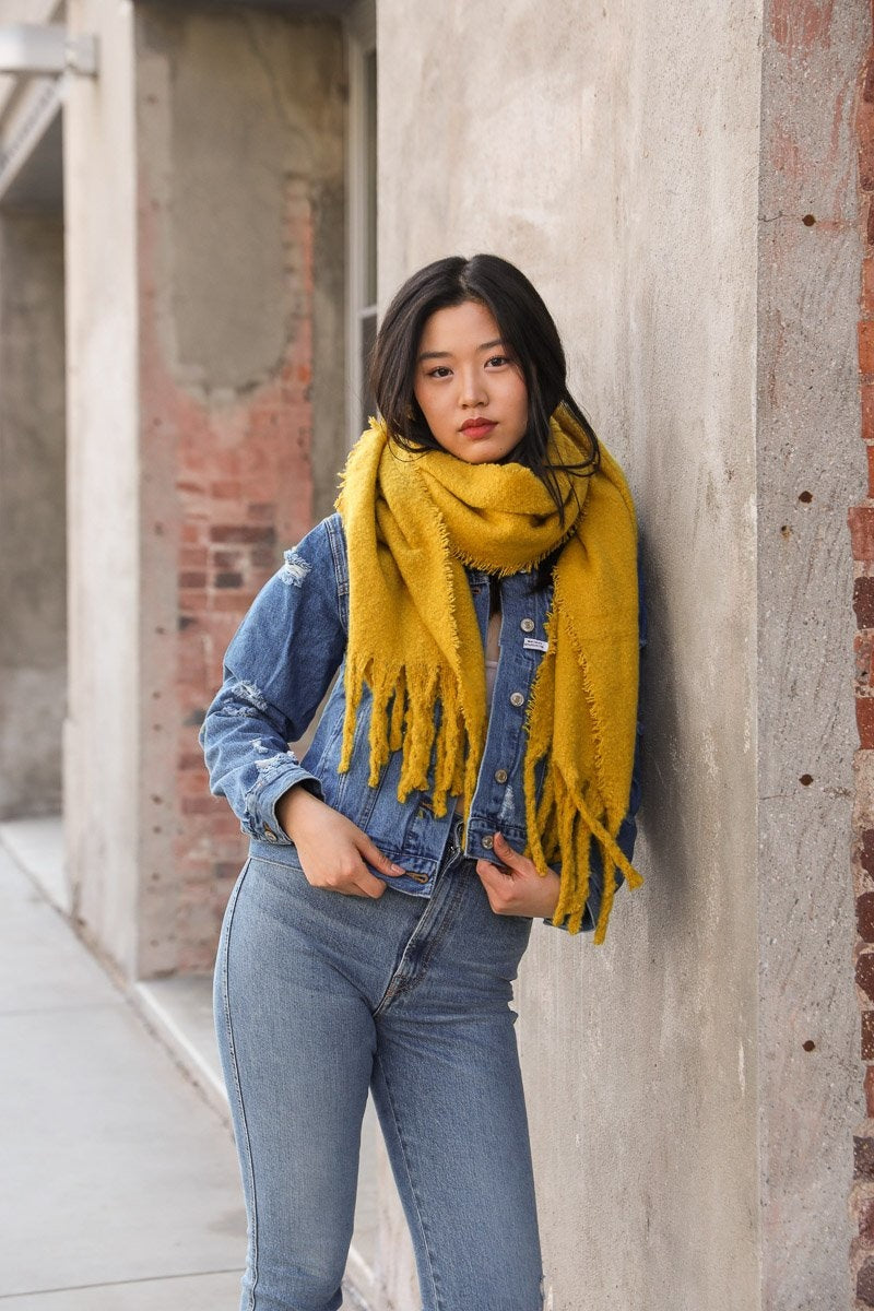 Tassel Trim Blanket Scarf Scarves Leto Collection Mustard  