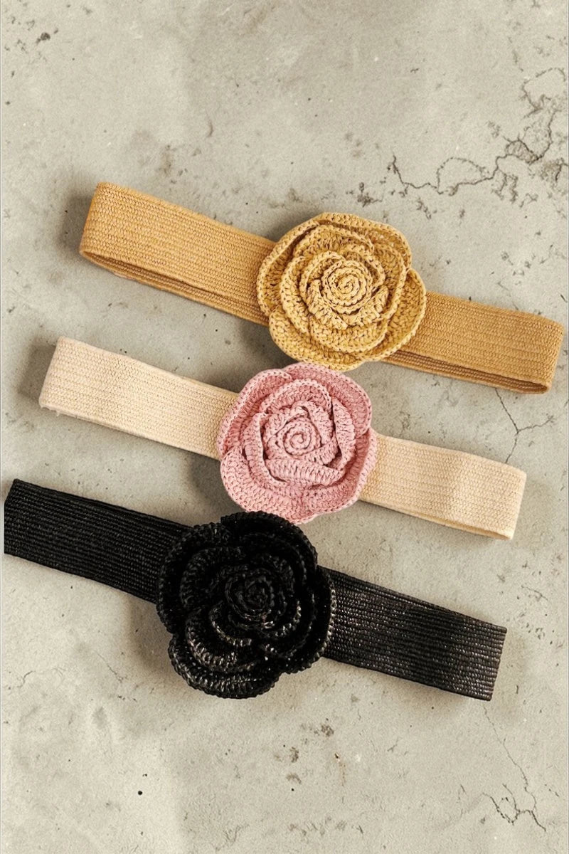 Raffia Elastic Belt with Floral Buckle - NeoKira Unlimited