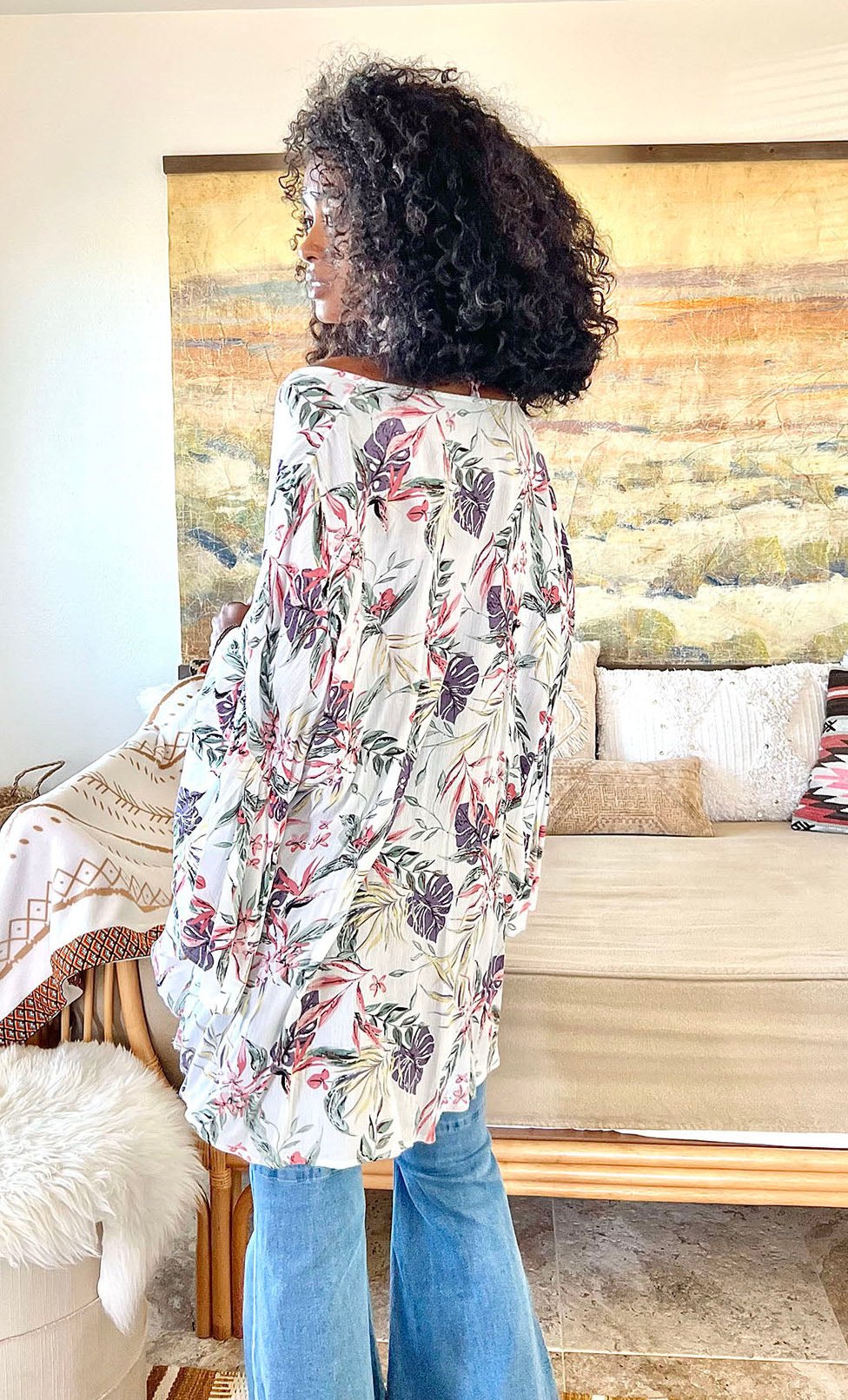 Tropical Leaves Draped Sleeve Kimono - NeoKira Unlimited