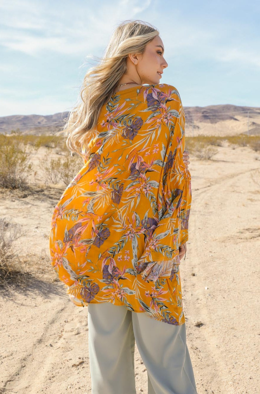 Tropical Leaves Draped Sleeve Kimono - NeoKira Unlimited