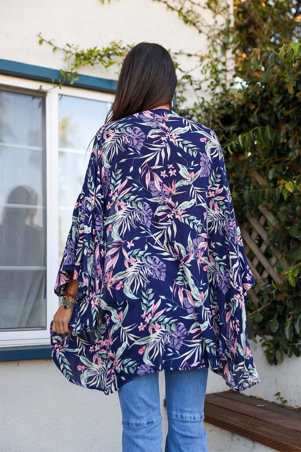 Tropical Leaves Draped Sleeve Kimono - NeoKira Unlimited