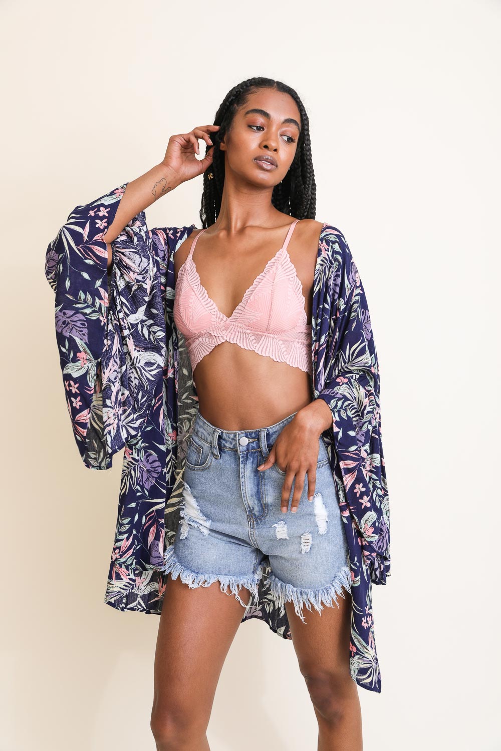 Tropical Vibe Draped Sleeve Kimono Kimono Leto Collection One Size Navy 