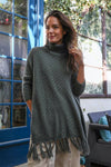 Turtleneck Sleeved Knit Frayed Poncho Ponchos Olive