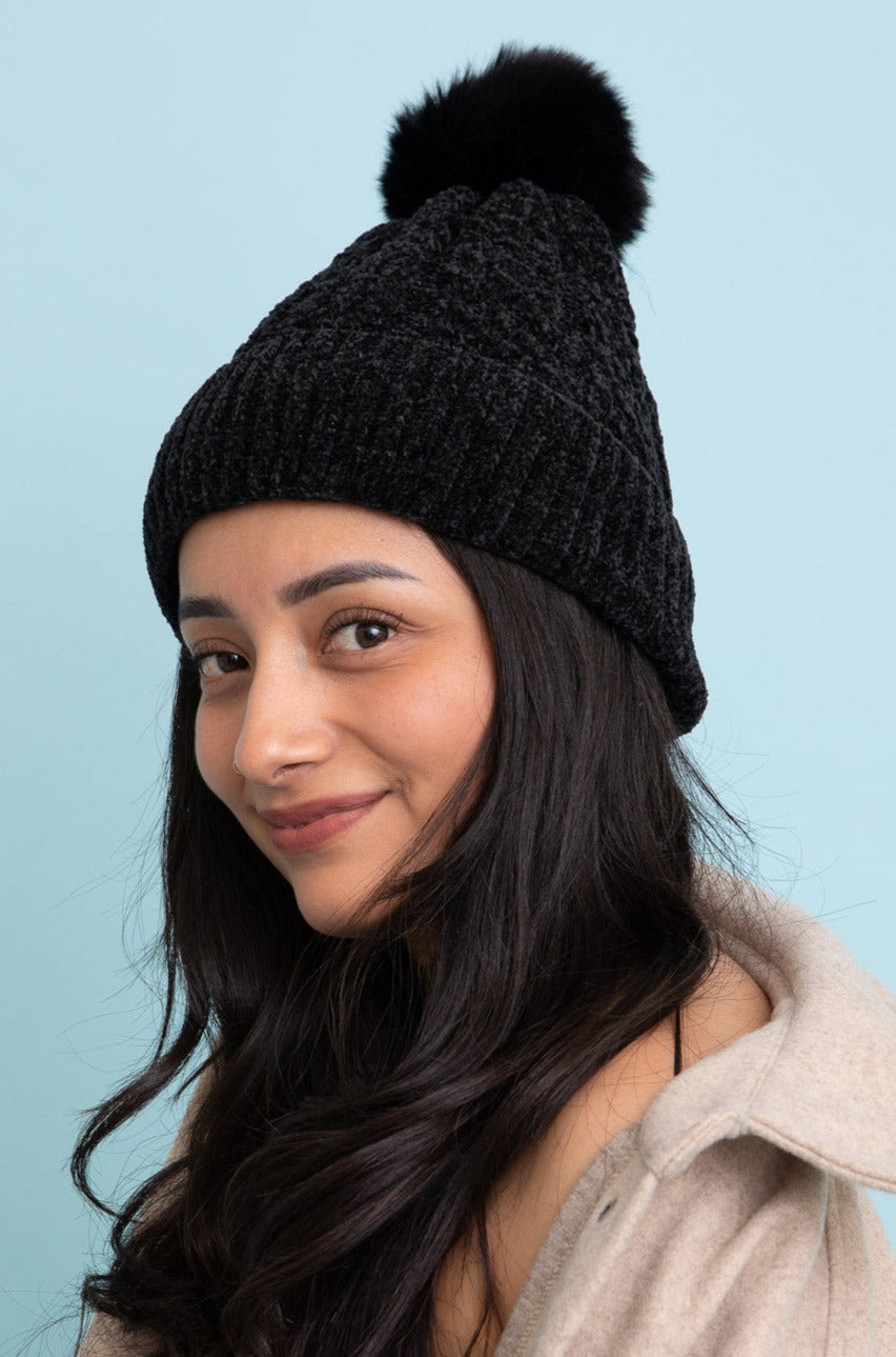 Velvet Cable Knit Pom Beanie Beanies Leto Collection Charcoal  