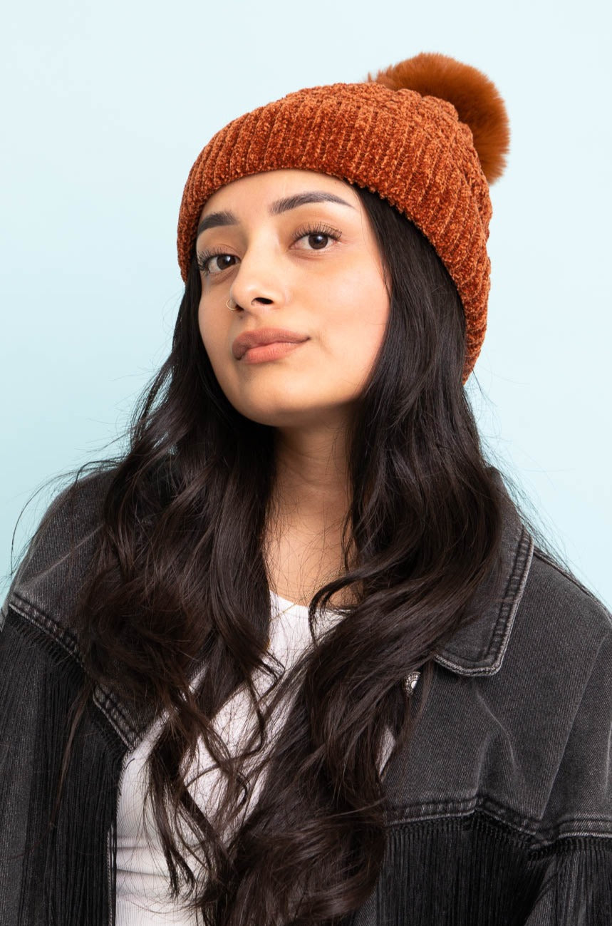 Velvet Cable Knit Pom Beanie Beanies Leto Collection   