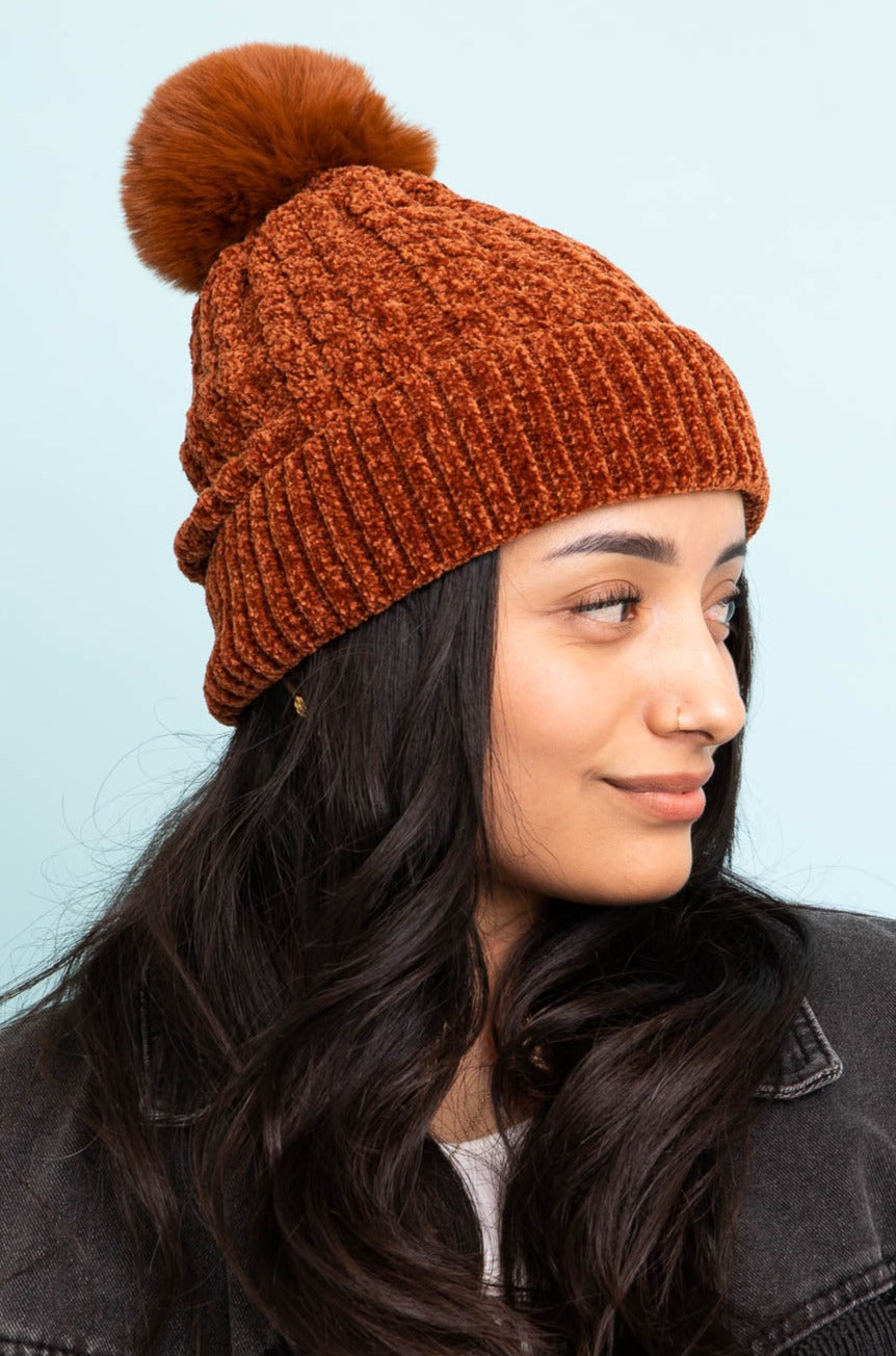 Velvet Cable Knit Pom Beanie - NeoKira Unlimited