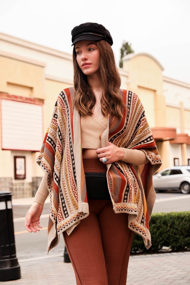 Vertical Stripe Multipattern Ruana Ponchos Leto Collection Camel  