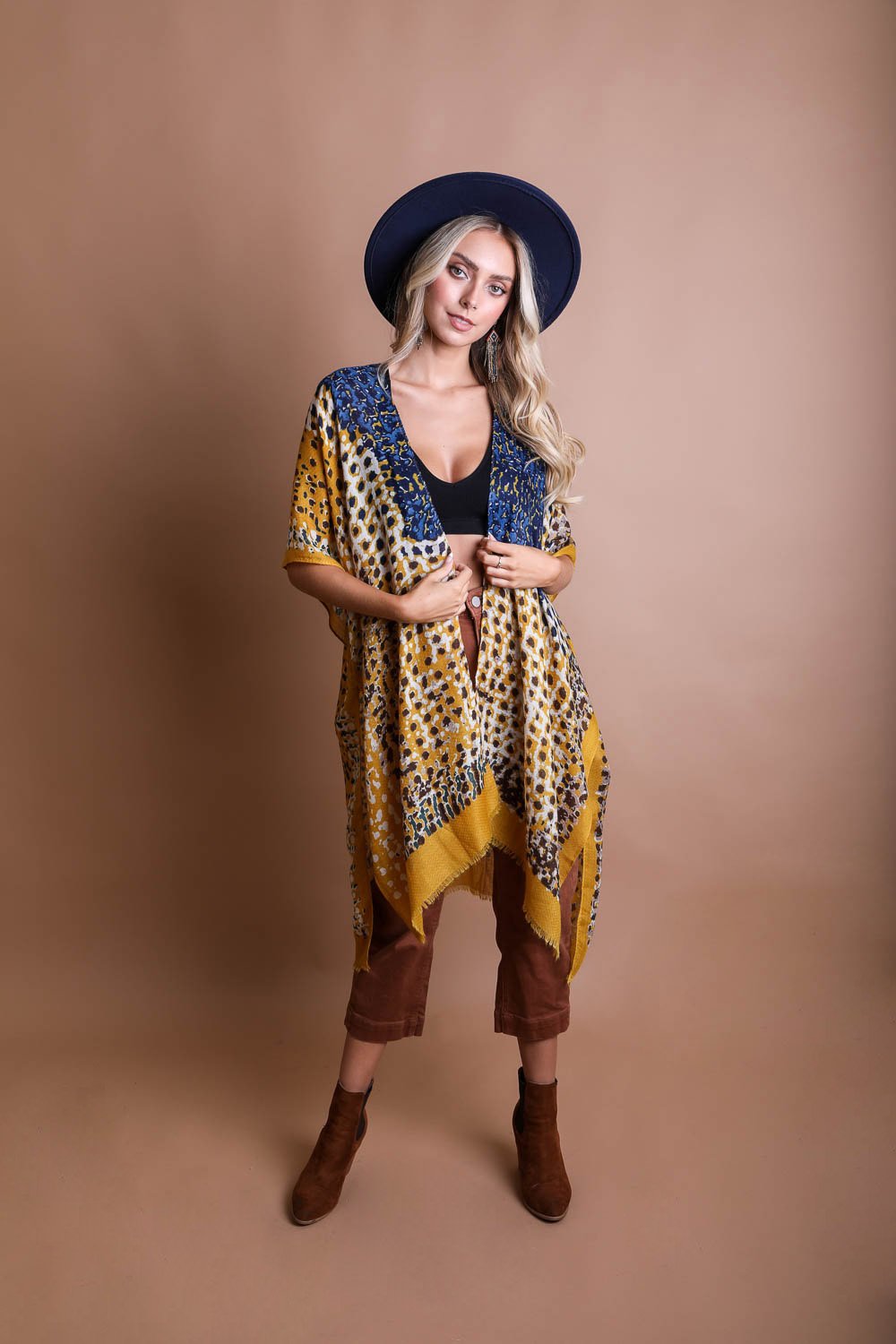 Vibrant Multicolor Frayed Kimono Kimono Leto Collection Mustard  