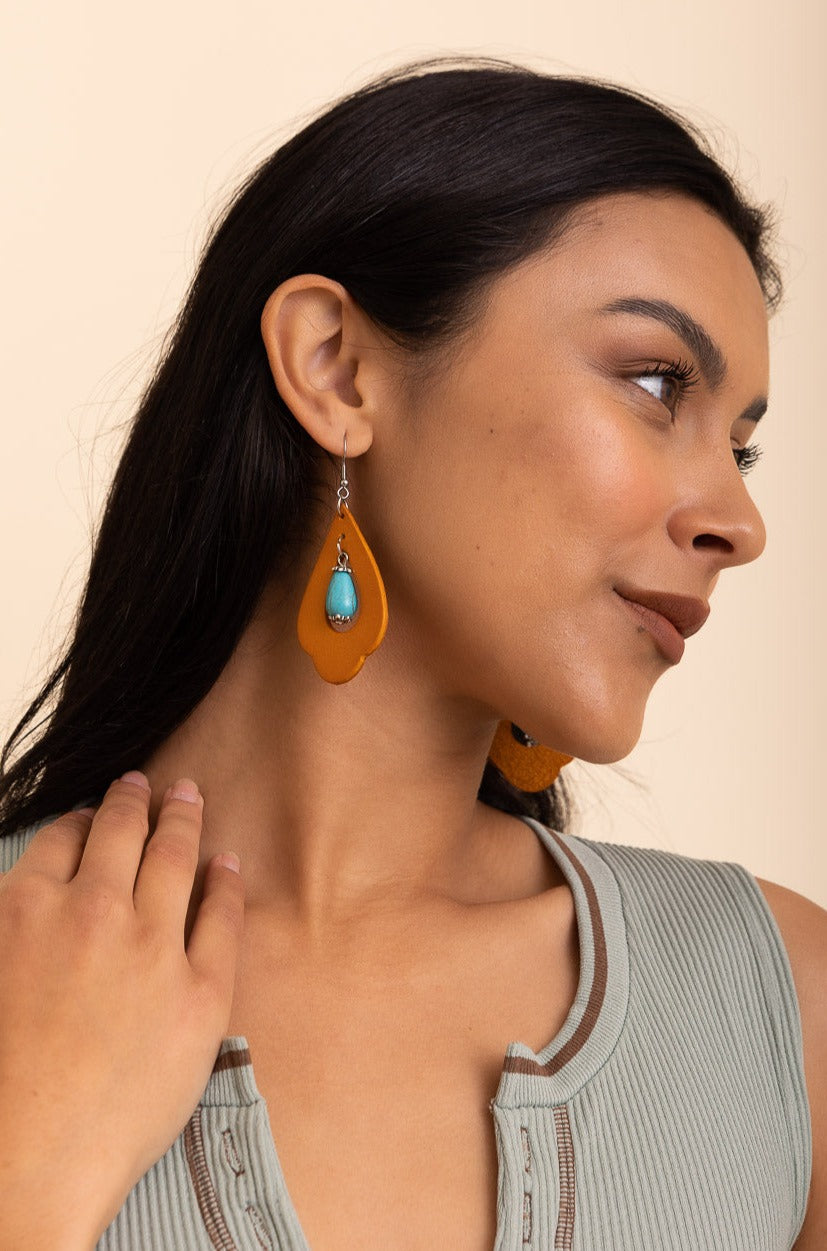 Western Leather Cutout Earrings w/ Turquoise Stone Earrings Leto Collection Camel  