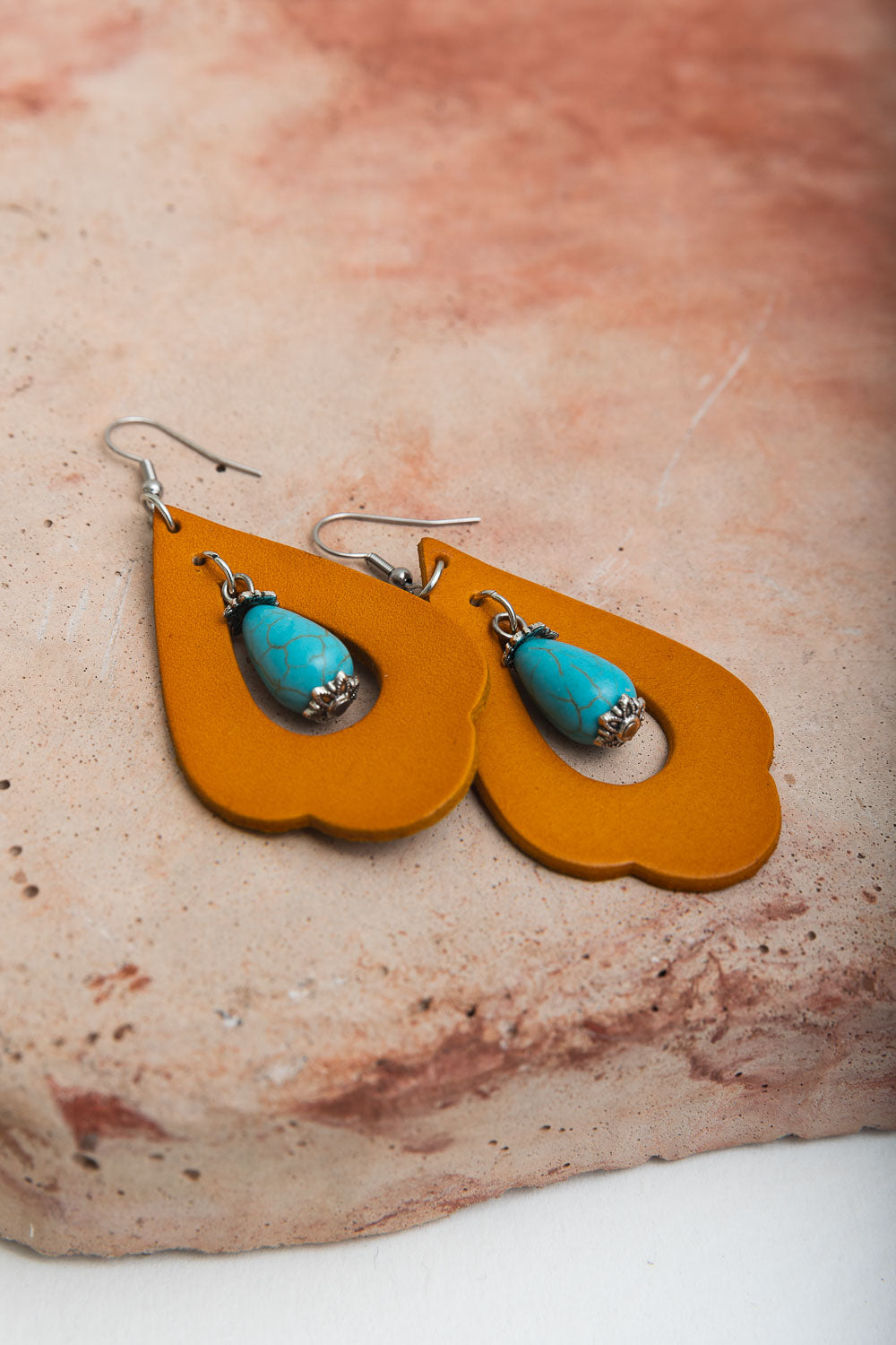 Western Leather Cutout Earrings w/ Turquoise Stone - NeoKira Unlimited