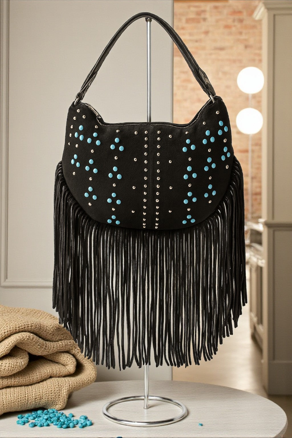 Boho Luxe Studded Multi Fringe Hobo Shoulder Bag - NeoKira Unlimited