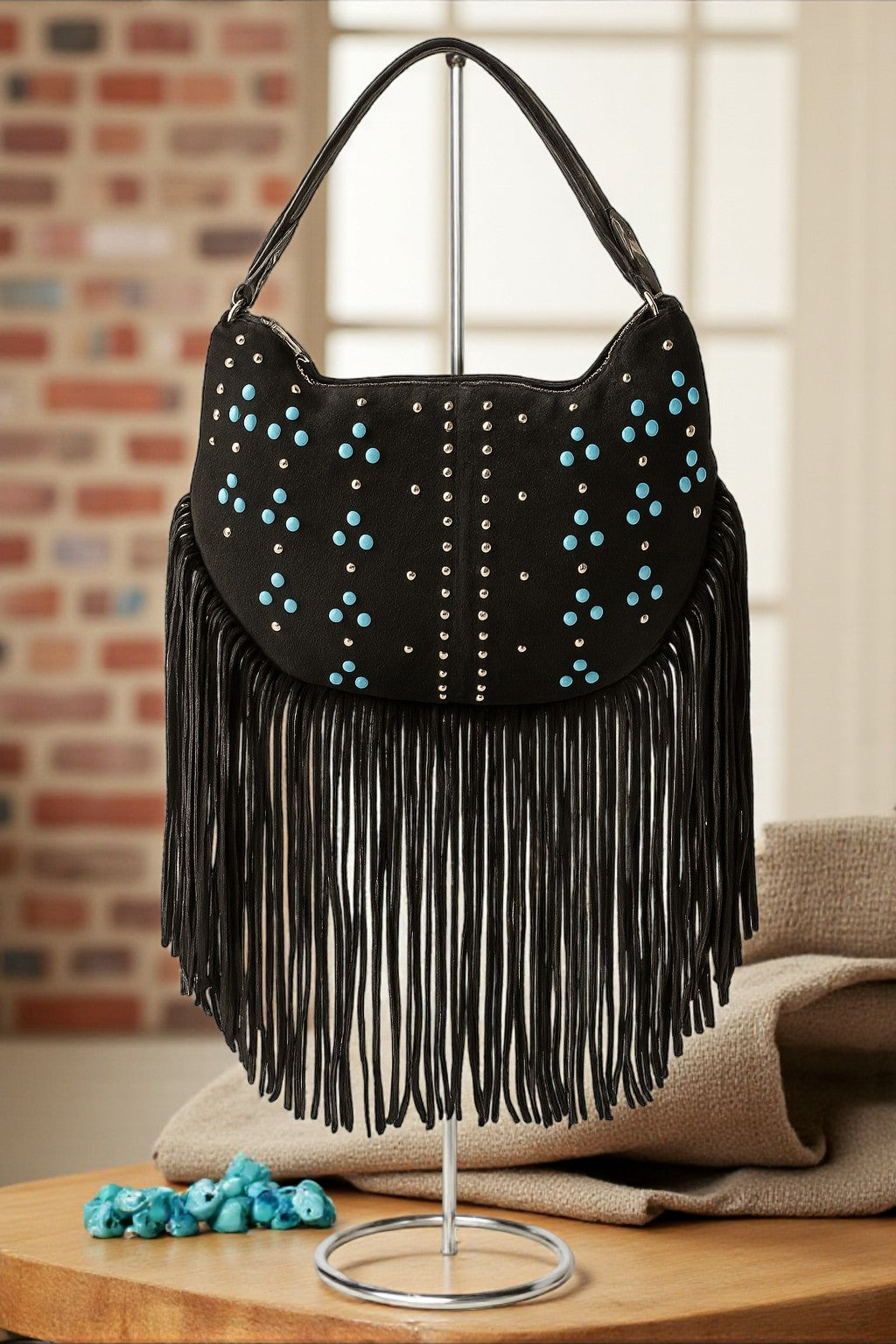 Boho Luxe Studded Multi Fringe Hobo Shoulder Bag - NeoKira Unlimited