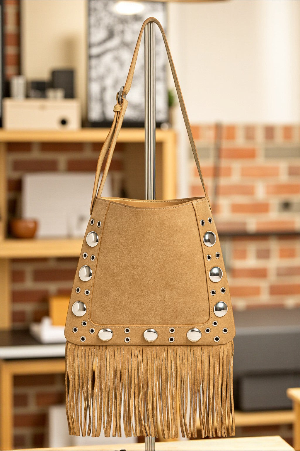 Boho Chic Faux Suede Grommet Accent Fringe Tote Bag - NeoKira Unlimited