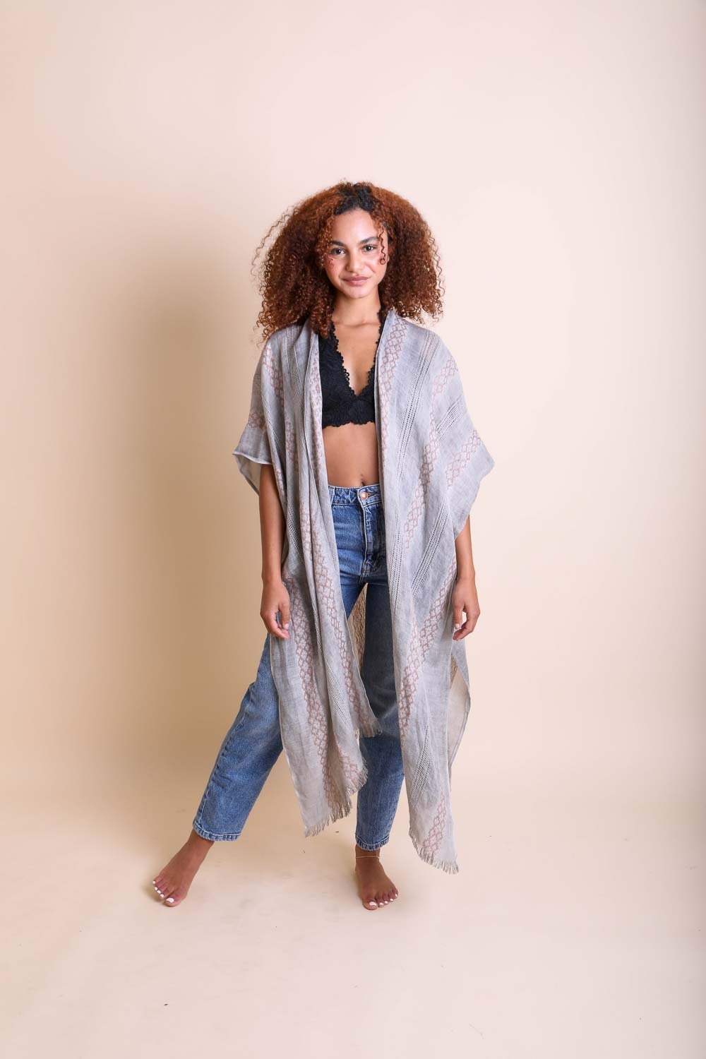 Woven Long Line Tribal Kimono Kimono Leto Collection Gray  