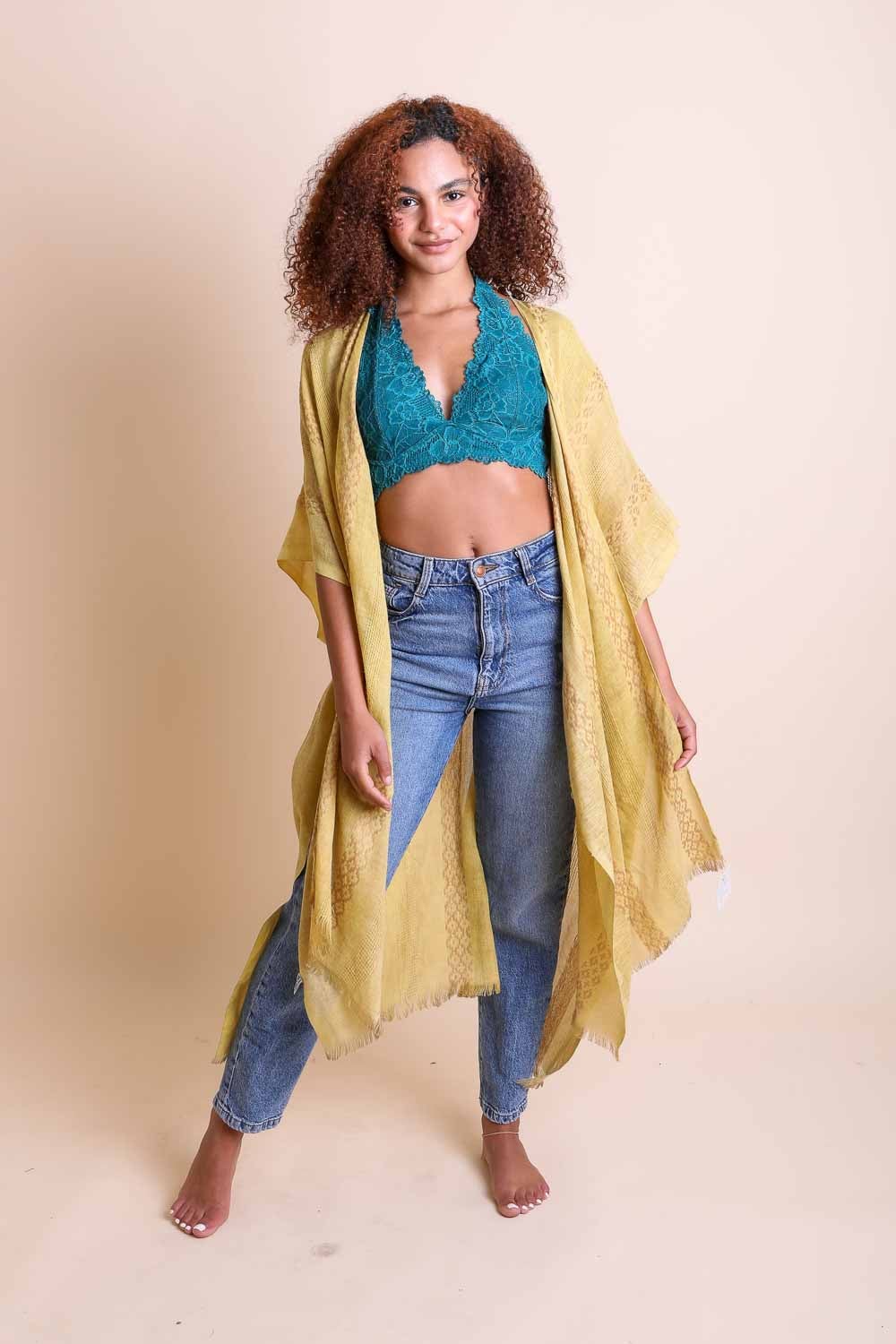 Woven Long Line Tribal Kimono Kimono Leto Collection Mustard  