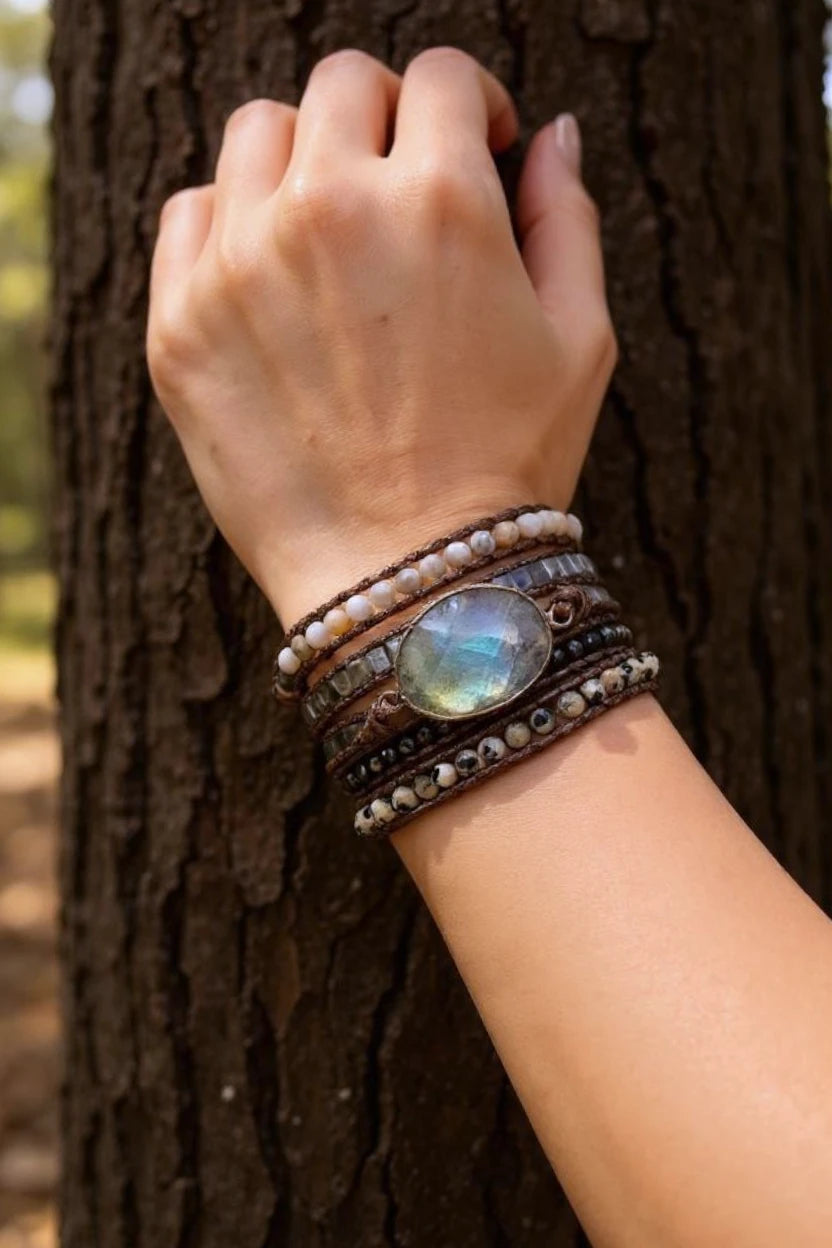 Natural Stone Beaded Wrap Bracelet 5-Layer Adjustable with Grey Agate Center - NeoKira Unlimited