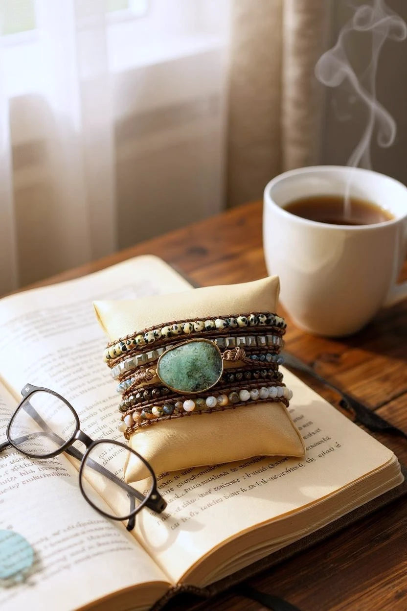 Natural Stone Beaded Wrap Bracelet 5-Layer Adjustable with Grey Agate Center - NeoKira Unlimited