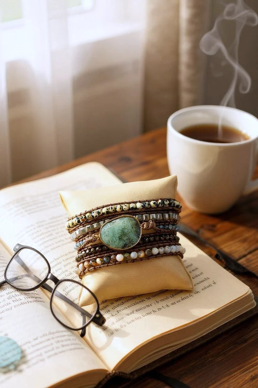 Natural Stone Beaded Wrap Bracelet 5-Layer Adjustable with Grey Agate Center - NeoKira Unlimited