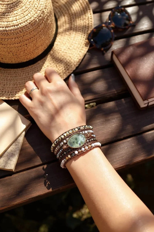 Natural Stone Beaded Wrap Bracelet 5-Layer Adjustable with Grey Agate Center - NeoKira Unlimited