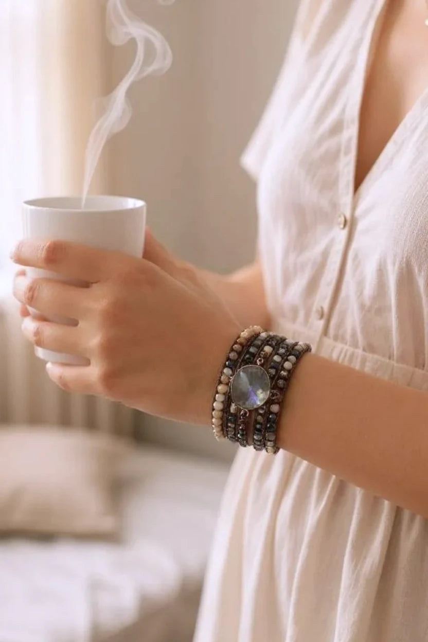 Natural Stone Beaded Wrap Bracelet 5-Layer Adjustable with Grey Agate Center - NeoKira Unlimited