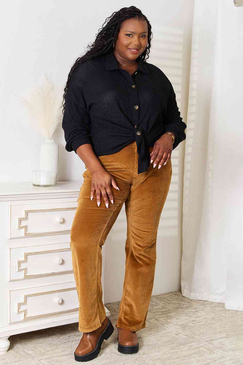 Double Take Waffle-Knit Collared Neck Dropped Shoulder Shirt - NeoKira Unlimited