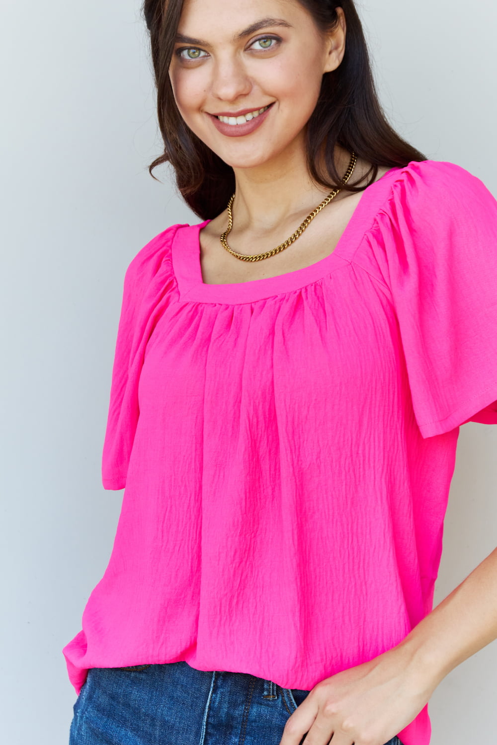 Ninexis Keep Me Close Square Neck Short Sleeve Blouse in Fuchsia Top Trendsi   