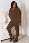 Basic Bae Full Size V-Neck Soft Rayon Long Sleeve Top and Pants Lounge Set Loungewear Trendsi Chocolate S 