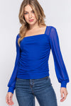 ACTIVE BASIC Square Neck Mesh Long Sleeve Shirring Top Top Trendsi   