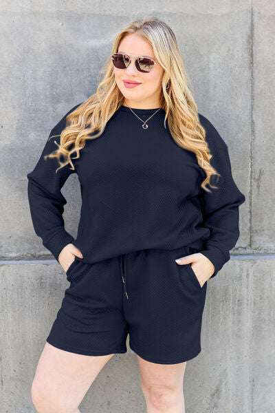 Double Take Full Size Texture Long Sleeve Top and Drawstring Shorts Set - NeoKira Unlimited