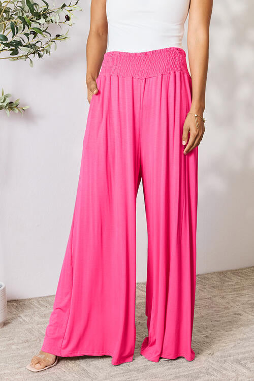 Double Take Full Size Smocked Wide Waistband Wide Leg Pants Pants Trendsi   