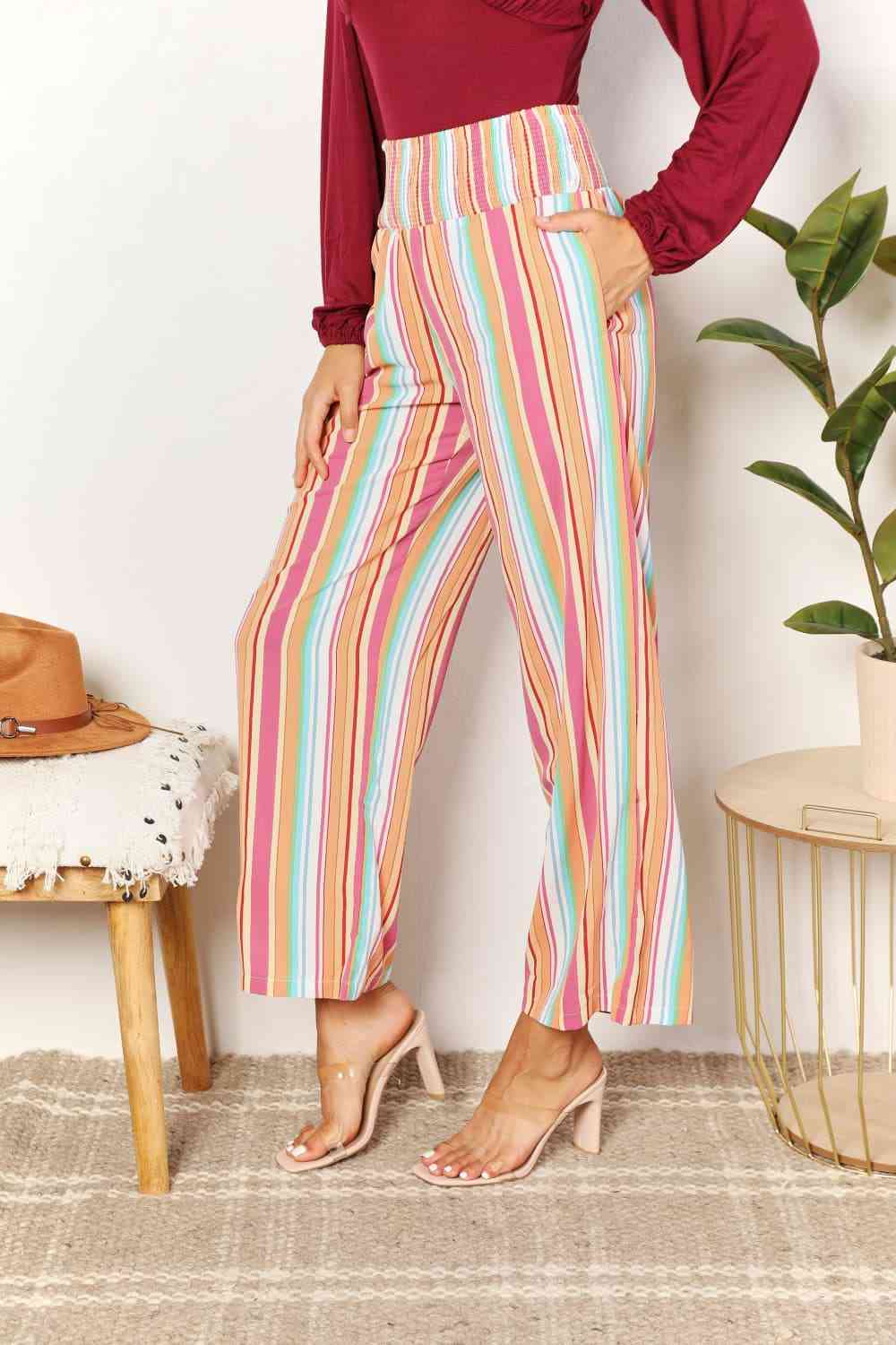 Double Take Striped Smocked Waist Pants with Pockets Pants Trendsi   