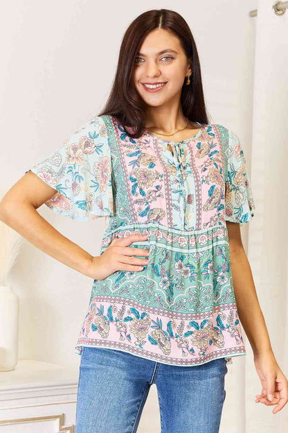 Double Take Floral Tie Neck Short Sleeve Blouse - NeoKira Unlimited