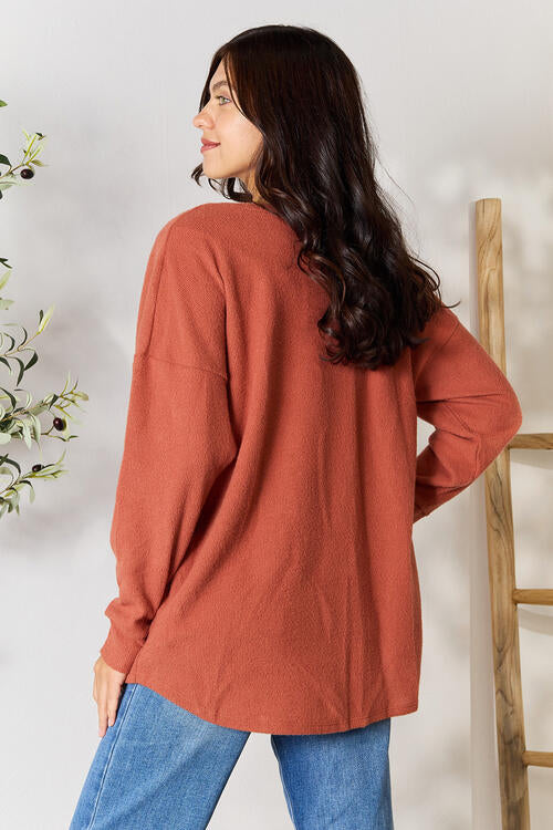 BOMBOM Drop Shoulder Long Sleeve Blouse with Pockets Top Trendsi   