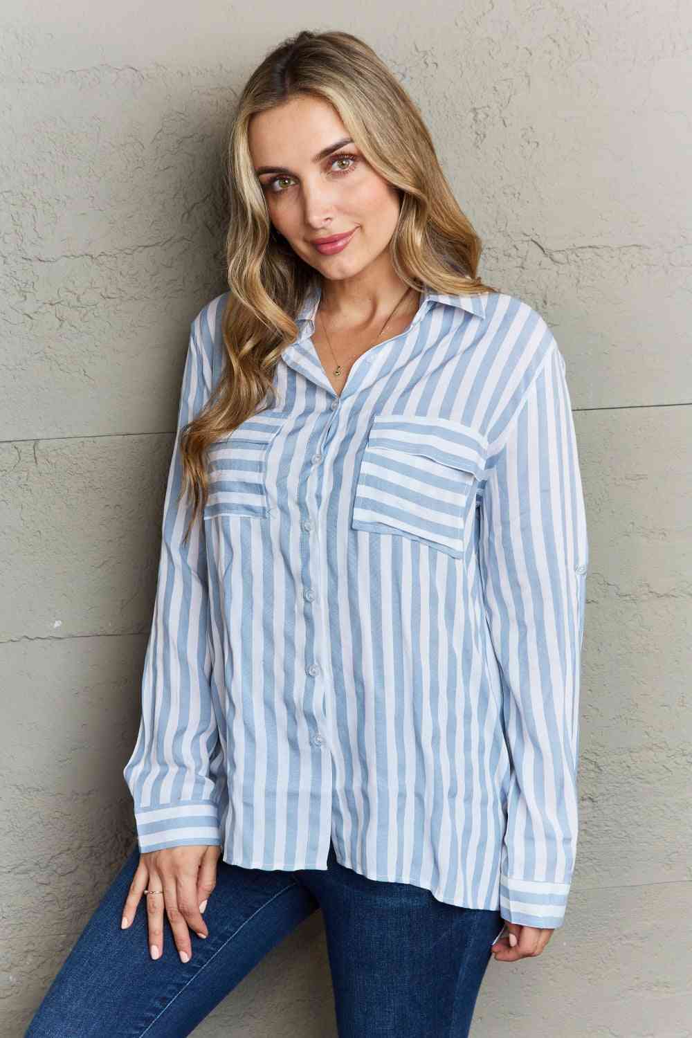 Ninexis Take Your Time Collared Button Down Striped Shirt Top Trendsi   