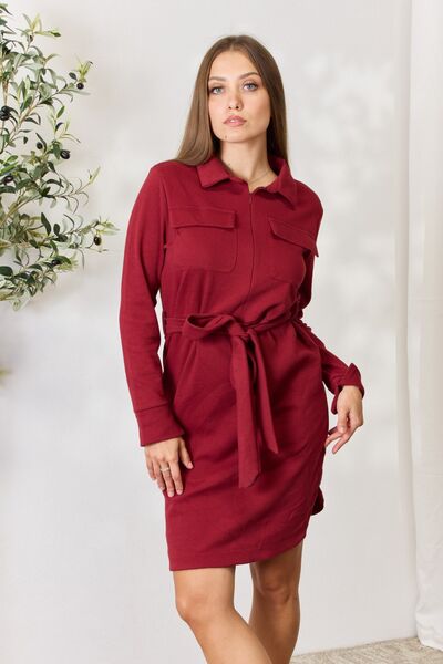 Culture Code Full Size Tie Front Half Zip Long Sleeve Shirt Dress - NeoKira Unlimited