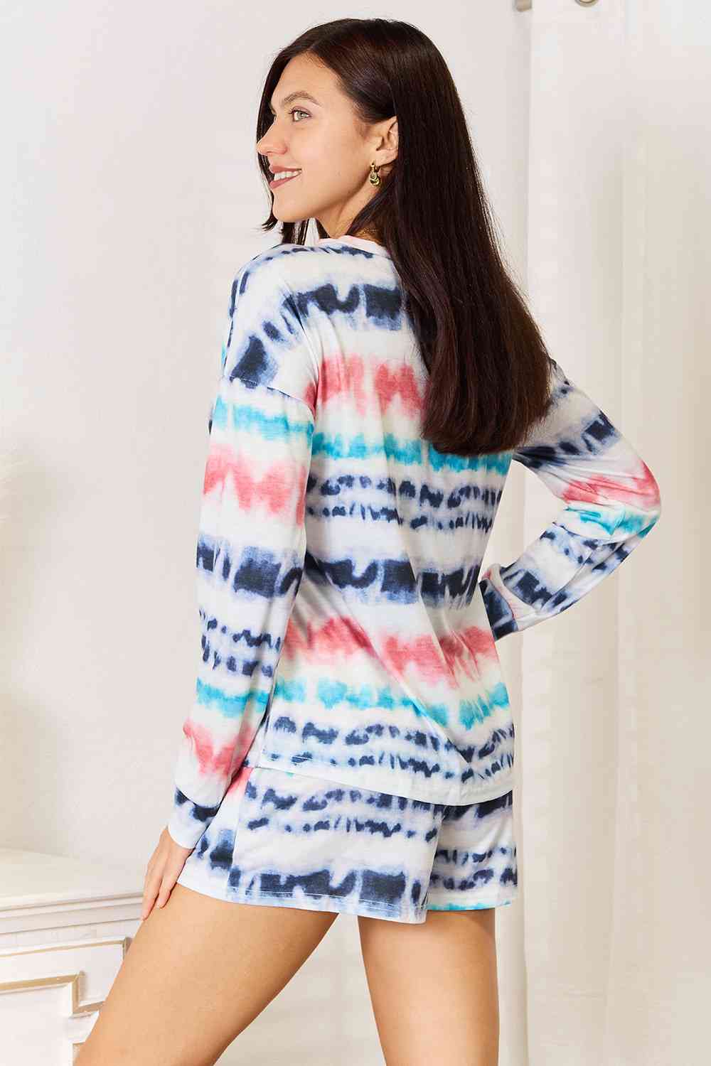 Double Take Tie-Dye Dropped Shoulder Lounge Set Loungewear Trendsi   