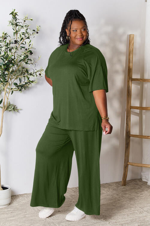 Double Take Full Size Round Neck Slit Top and Pants Set Pants Set Trendsi Army Green S 