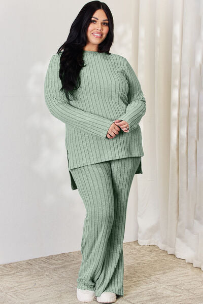 Basic Bae Full Size Ribbed High-Low Top and Wide Leg Pants Set - NeoKira Unlimited