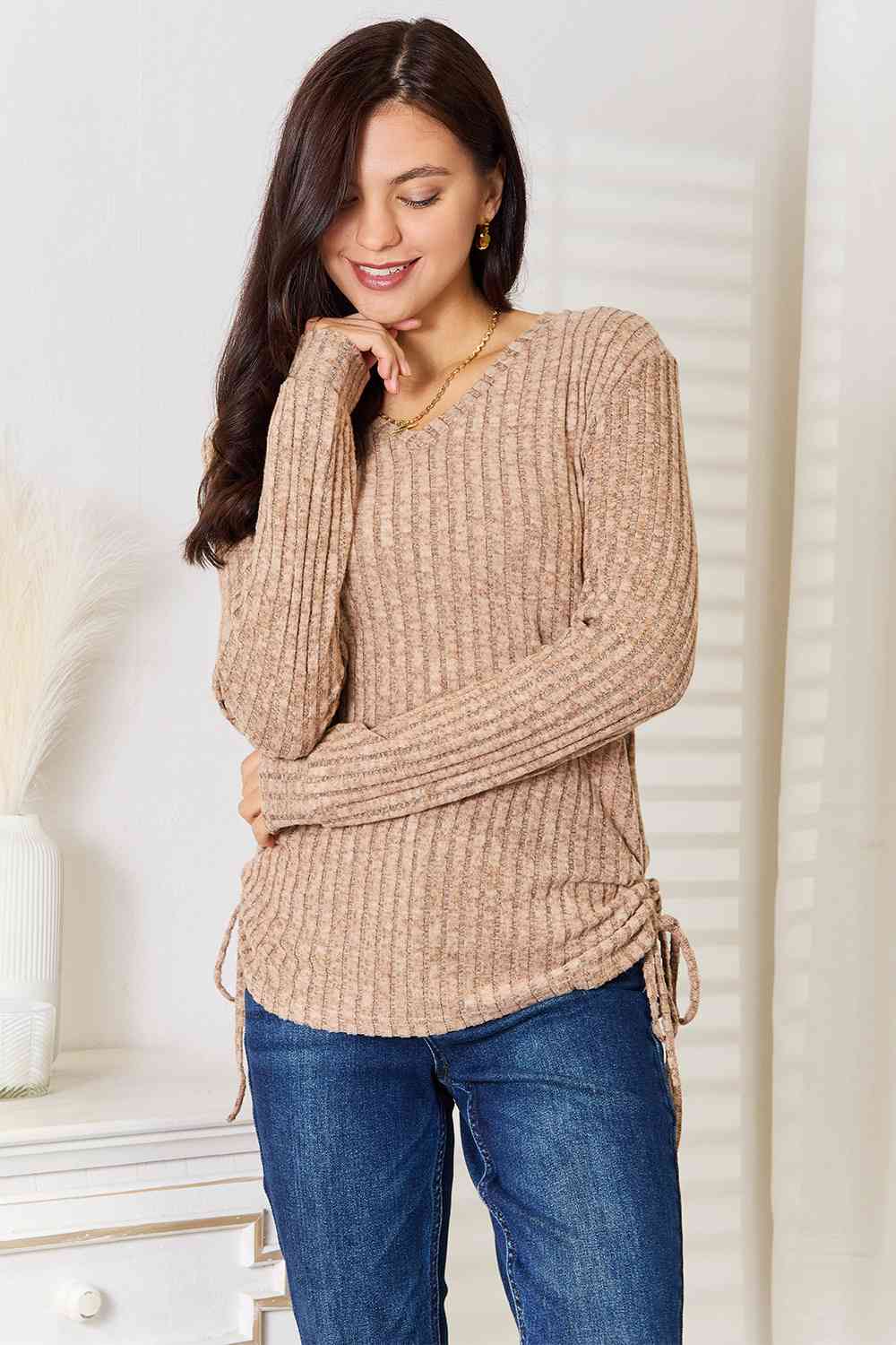 Double Take Drawstring Ribbed Long Sleeve T-Shirt Top Trendsi Tan S 