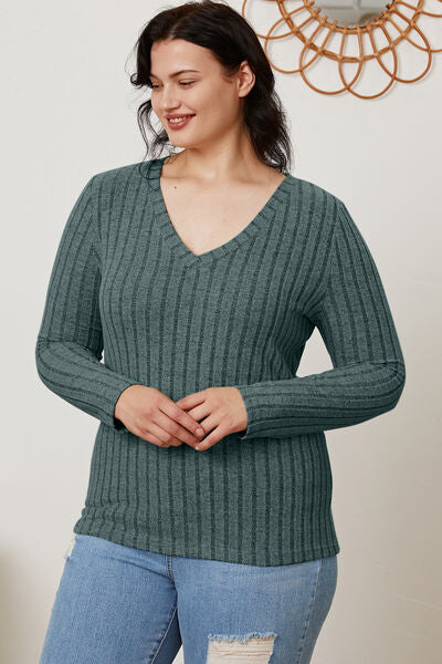 Basic Bae Full Size Ribbed V-Neck Long Sleeve Shirt - NeoKira Unlimited