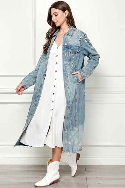 Veveret Full Size Distressed Raw Hem Pearl Detail Button Up Jacket Jacket Trendsi   