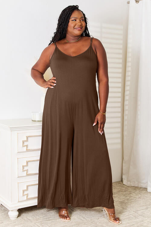 Double Take Full Size Soft Rayon Spaghetti Strap Tied Wide Leg Jumpsuit - NeoKira Unlimited