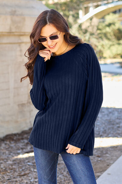 Basic Bae Full Size Ribbed Round Neck Long Sleeve Knit Top Top Trendsi Peacock  Blue S 