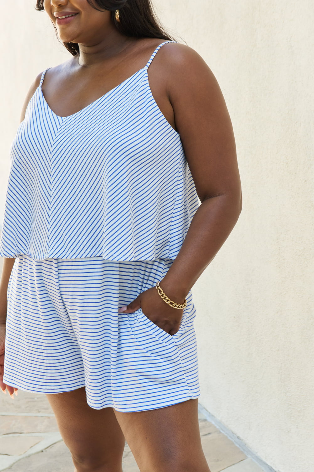 Culture Code Let It Happen Full Size Double Flare Striped Romper in Cobalt Blue Romper Trendsi   