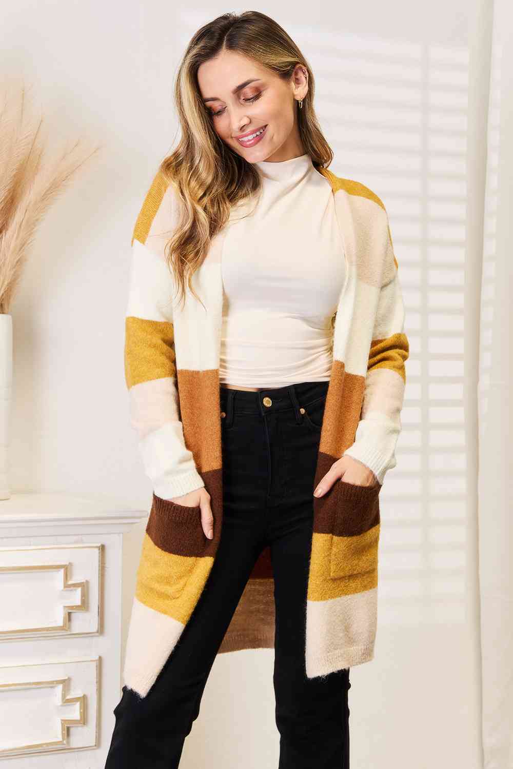 Woven Right Color Block Dropped Shoulder Cardigan Cardigan Trendsi Brown/Tan Stripe S 