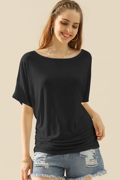 Ninexis Boat Neck Short Sleeve Ruched Side Top Top Trendsi   